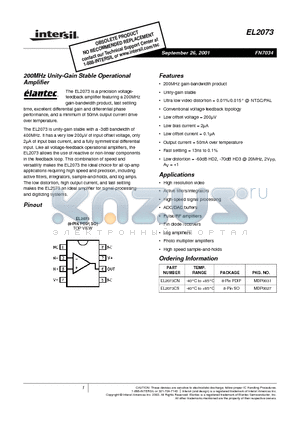 EL2073 datasheet - 200MHz Unity-Gain Stable Operational Amplifier