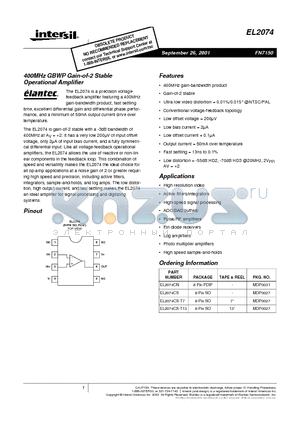 EL2074 datasheet - 400MHz GBWP Gain-of-2 Stable Operational Amplifier