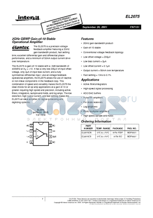 EL2075 datasheet - 2GHz GBWP Gain-of-10 Stable Operational Amplifier