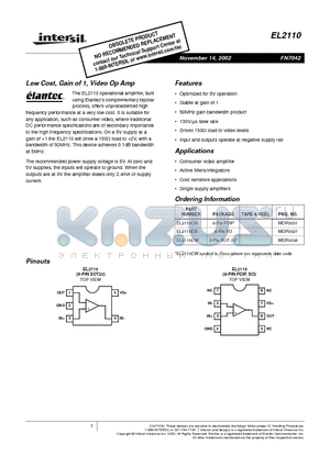 EL2110CS datasheet - Low Cost, Gain of 1, Video Op Amp