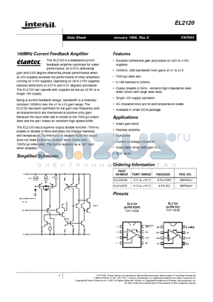 EL2120CN datasheet - 100MHz Current Feedback Amplifier