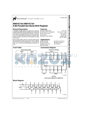 MM54C164 datasheet - 8-Bit Parallel-Out Serial Shift Register