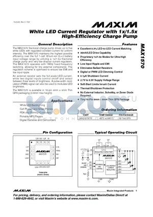 MAX1570 datasheet - White LED Current Regulator with 1x/1.5x High-Efficiency Charge Pump