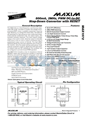 MAX1572ETC250 datasheet - 800mA, 2MHz, PWM DC-to-DC Step-Down Converter with RESET