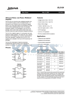 EL2126CSZ datasheet - Ultra-Low Noise, Low Power, Wideband Amplifier