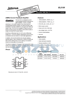 EL2130CN datasheet - 85MHz Current Feedback Amplifier