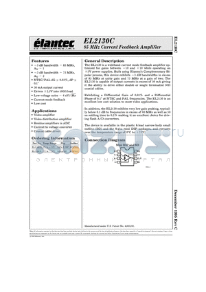 EL2130CN datasheet - 85 MHz Current Feedback Amplifier