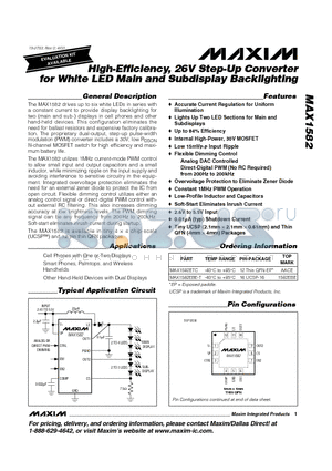 MAX1582EBE-T datasheet - High-Efficiency, 26V Step-Up Converter for White LED Main and Subdisplay Backlighting