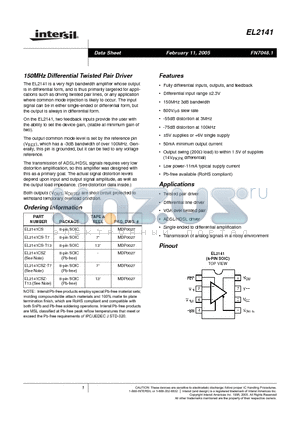 EL2141CS-T13 datasheet - 150MHz Differential Twisted Pair Driver