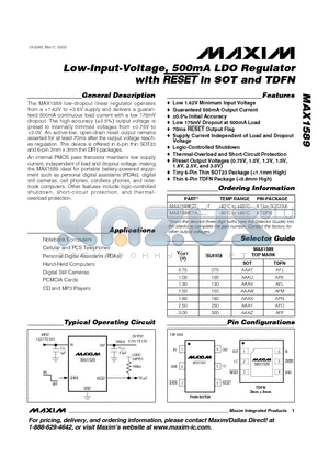 MAX1589ETA075 datasheet - Low-Input-Voltage, 500mA LDO Regulator with RESETin SOT and TDFN