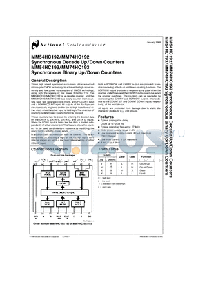 MM54HC192 datasheet - Synchronous Decade Up/Down Counters Synchronous Binary Up/Down Counters