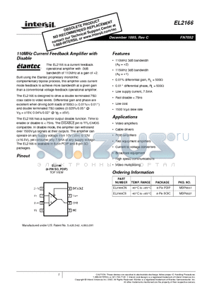 EL2166CN datasheet - 110MHz Current Feedback Amplifier with Disable