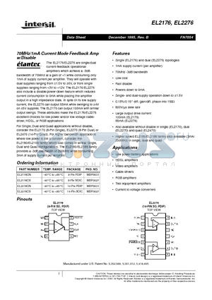 EL2176 datasheet - 70MHz/1mA Current Mode Feedback Amp W/Disable