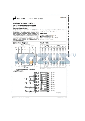 MM54HC42N datasheet - BCD-to-Decimal Decoder