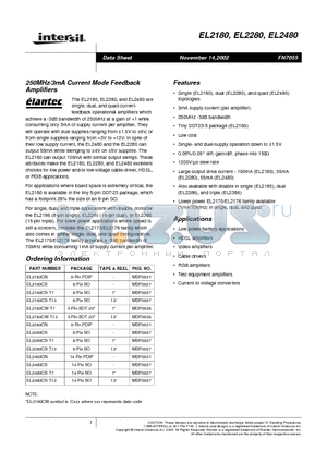 EL2180CS datasheet - 250MHz/3mA Current Mode Feedback Amplifiers