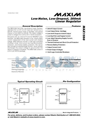 MAX1598 datasheet - Low-Noise, Low-Dropout, 200mA Linear Regulator
