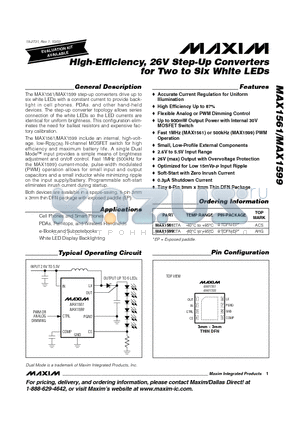 MAX1599 datasheet - High-Efficiency, 26V Step-Up Converters for Two to Six White LEDs