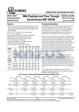 GS880Z18AT-133 datasheet - 9Mb Pipelined and Flow Through Synchronous NBT SRAM