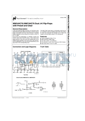 MM54HC76 datasheet - Dual J-K Flip-Flops with Preset and Clear