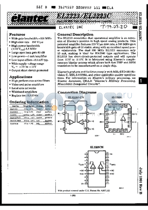 EL2223 datasheet - Dual, 500 MHz High Speed, Operational Amplifier