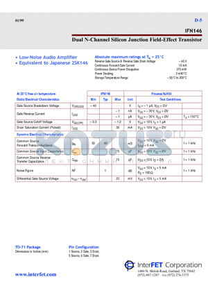 IFN146 datasheet - Dual N-Channel Silicon Junction Field-Effect Transistor