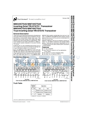 MM54HCT643 datasheet - Inverting Octal TRI-STATE Transceiver