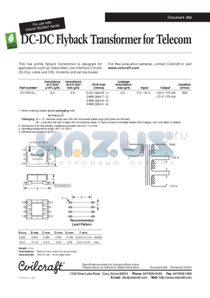 IFLY0012L datasheet - DC-DC Flyback Transformer for Telecom