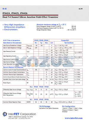 IFN424 datasheet - Dual N-Channel Silicon Junction Field-Effect Transistor