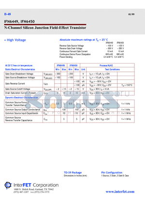 IFN6449 datasheet - N-Channel Silicon Junction Field-Effect Transistor