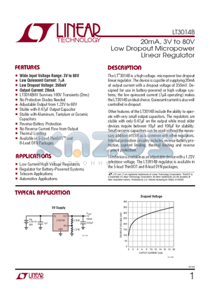 LT3014BES5 datasheet - 20mA, 3V to 80V Low Dropout Micropower Linear Regulator