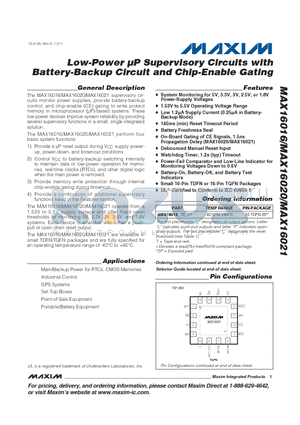 MAX16016 datasheet - Low-Power uP Supervisory Circuits with Battery-Backup Circuit and Chip-Enable Gating