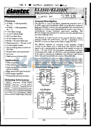 EL2232CM datasheet - 60 MHz Fast Settling Dual Current Mode Feedback Amplifier