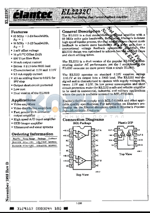 EL2232CN datasheet - 60 MHz Fast Settling Dual Current Mode Feedback Amplifier