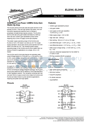 EL2244CN datasheet - Dual/Quad Low-Power 120MHz Unity-Gain Stable Op Amp