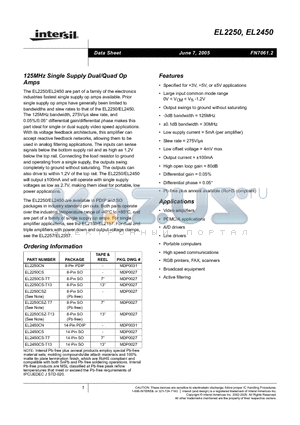 EL2250 datasheet - 125MHz Single Supply Dual/Quad Op Amps