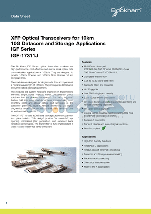 IGF-17311J datasheet - XFP Optical Transceivers for 10km 10G Datacom and Storage Applications