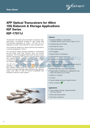 IGF-17511J datasheet - XFP Optical Transceivers for 40km 10G Datacom & Storage Applications