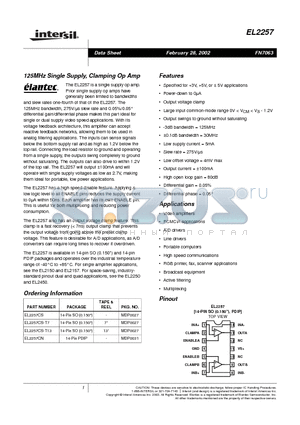 EL2257CS datasheet - 125MHz Single Supply, Clamping Op Amp