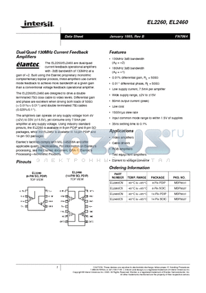EL2260CN datasheet - Dual/Quad 130MHz Current Feedback Amplifiers