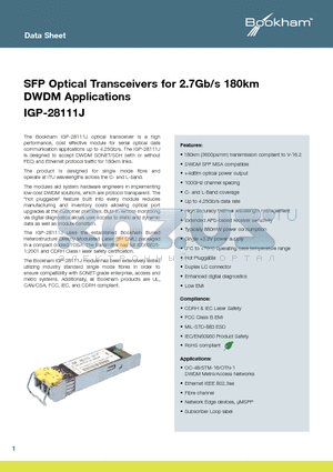 IGP-28111J-39 datasheet - SFP Optical Transceivers for 2.7Gb/s 180km DWDM Applications