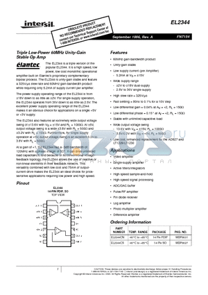 EL2344 datasheet - Triple Low-Power 60MHz Unity-Gain Stable Op Amp