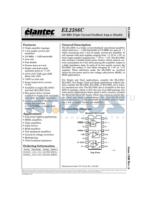 EL2386CN datasheet - 250 MHz Triple Current Feedback Amp w/Disable