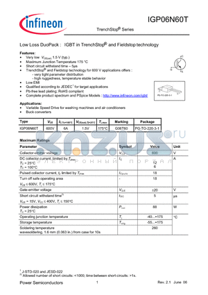 IGP06N60T datasheet - Low Loss DuoPack : IGBT in TrenchStop and Fieldstop technology