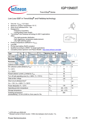 IGP15N60T datasheet - Low Loss IGBT in TrenchStop and Fieldstop technology