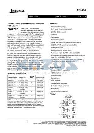 EL2386CSZ-T7 datasheet - 250MHz Triple Current Feedback Amplifier with Disable