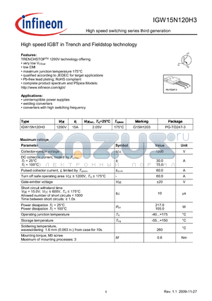 IGW15N120H3 datasheet - High speed IGBT in Trench and Fieldstop technology