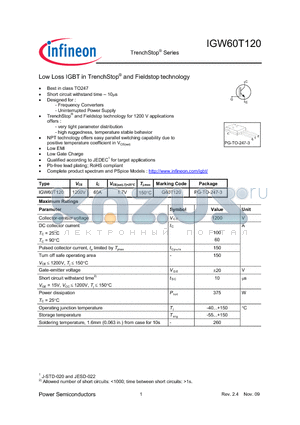 IGW60T120 datasheet - Low Loss IGBT in TrenchStop and Fieldstop technology
