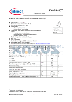 IGW75N60T datasheet - Low Loss IGBT in TrenchStop and Fieldstop technology