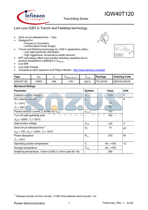 IGW40T120 datasheet - Low Loss IGBT in Trench and Fieldstop technology