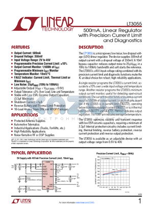 LT3055 datasheet - 500mA, Linear Regulator with Precision Current Limit and Diagnostics